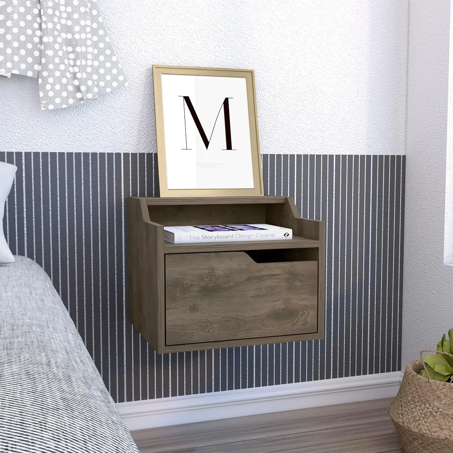 Busan Modern Floating Nightstand, Single-Drawer Design with Sleek Two-Tiered Top Shelf Surfaces Dark Brown