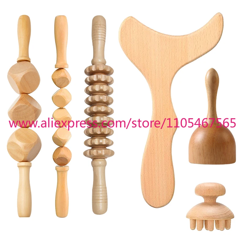 6 in 1 Wood Therapeutic Massage Tool Wood Massager Lymphatic Drainage Maderoterapia Kit for Muscle Pain Relief Body Carving