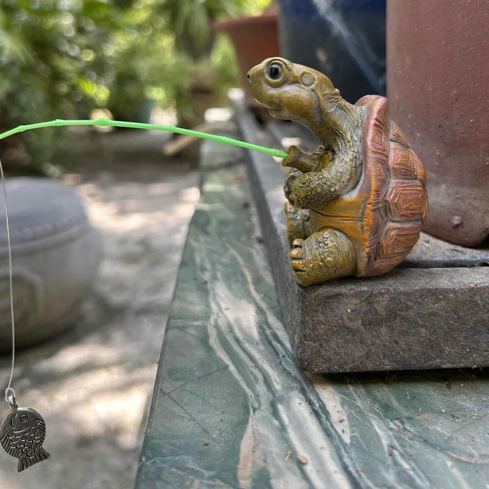 Rope Fishing Turtle Statue Animal Sculpture Small Fish Tank Ornament Resin Craft Flower Pot Decor Simulation Turtle Figurine