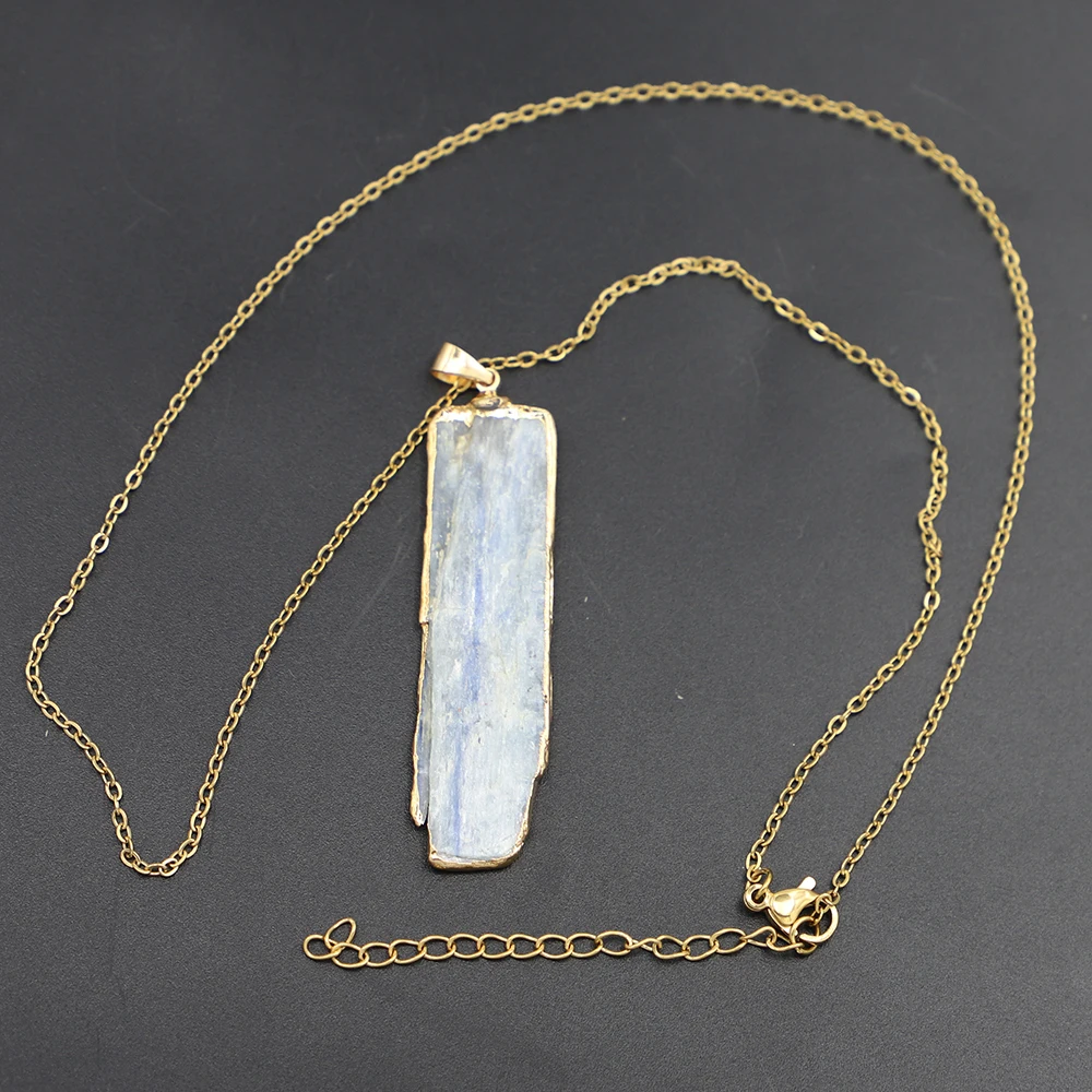 Natural Kyanite Irregular Raw Ore Chain Pendants Rough Stone Silver Gilded Edge Necklace Charm Jewelry Accessories Wholesale6Pcs