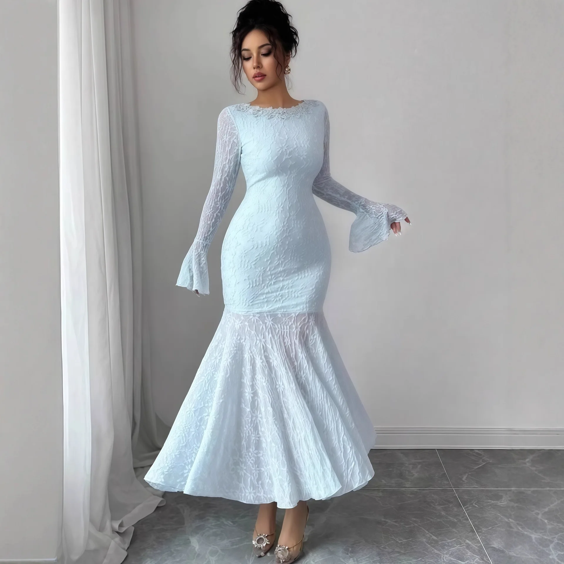 

Women's 2026 Early Autumn New Solid Color Flared Long Sleeve Round Neck Slim Fit Long Mermaid Dress