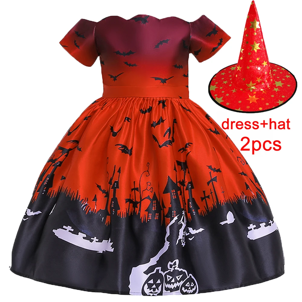 Halloween Pumpkin Bat Printed Costumes for Girl Carnival Cosplay Ghost Bow Birthday Party Dress Gothic Evening Prom Kids Clothes