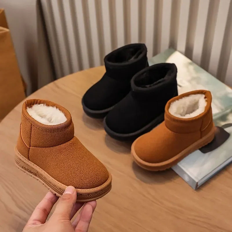 Kids Classic Short Snow Boots, Toddler Boys Girls Faux Suede Warm Winter Boots, Thick Fleece Lined Slip On Anti-Slip Sole
