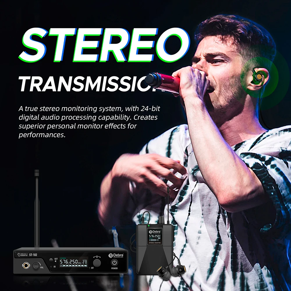 Беспроводная стерео система мониторинга Debra ST-102 UHF IEM, дальность передачи 80-300 м для сценической студийной записи