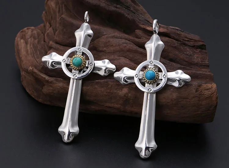 Sterling Silver Turquoise Cross Wheel Plate Cross Necklace Pendant Fashion Personality Street Photo Accessories