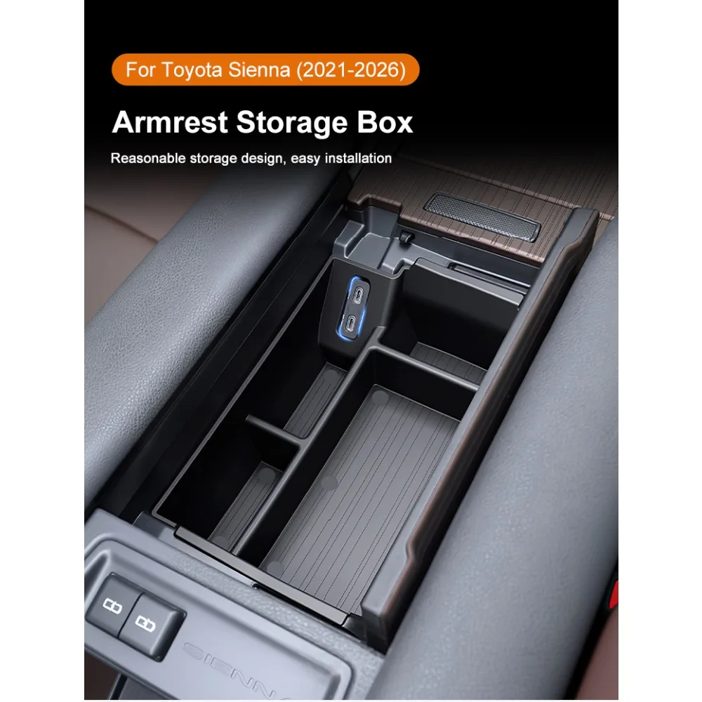 Für Toyota Sienna 2021-2026 Armlehnen-Aufbewahrungsbox Mittelkonsolen-Organizer Ablage Schwarz Innenausstattung Zubehör Upgrade-Kit Plus – Detail 1