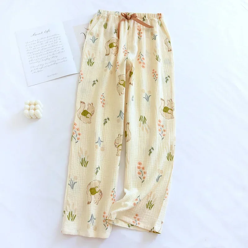 2025 New Women's Spring/Summer Pure Cotton Crepe Pants 100% Cotton Ladies Home Pants Large Flower Casual Thin Large Size Pants