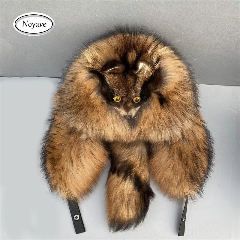 Halloween Outdoor Hat Real Fur 100% Raccoon Fox Skin Russian Hats Pilot Bombers Full Mao Men's Hat Ushanka Winter Ear Guard Hat