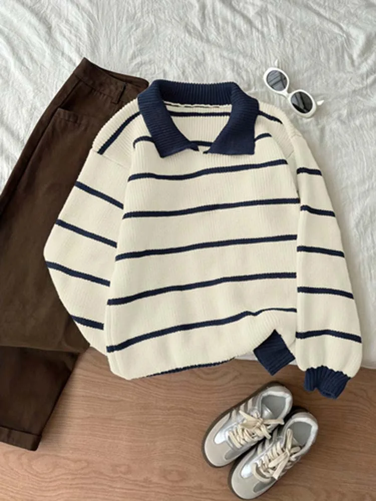 

Женский шерстяной пуловер в полоску с контрастным воротником-поло, свободный, повседневный, универсальный