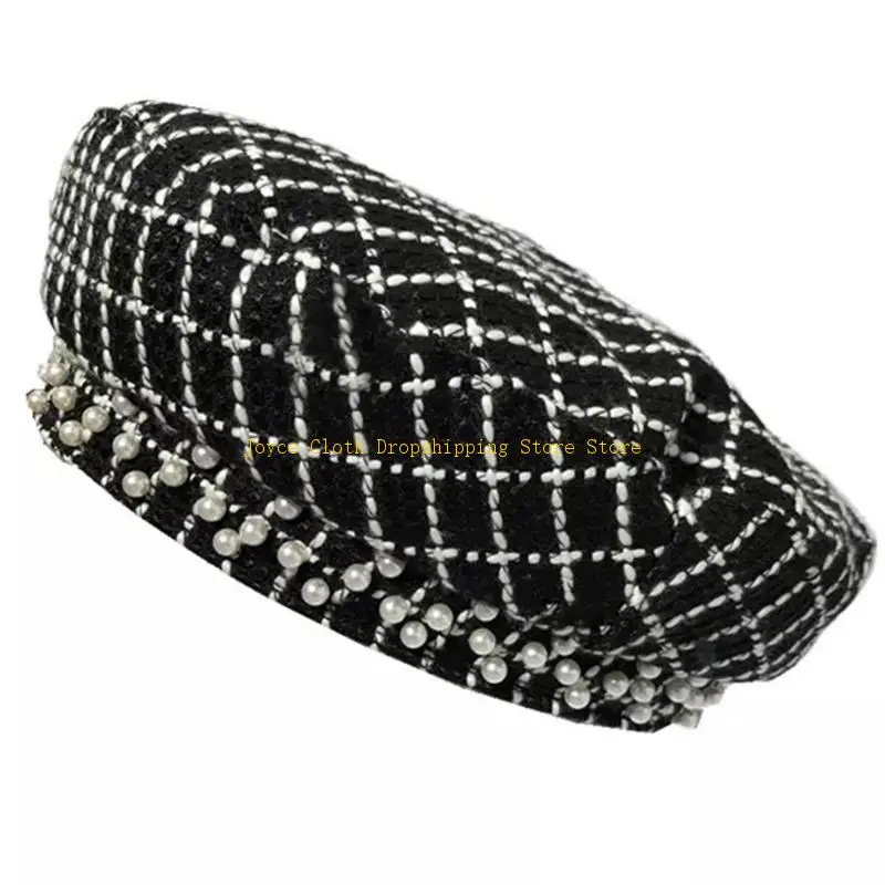 أنيقة تويد قبعة اللؤلؤ مثمنة قبعة الفنان قبعة السنة الجديدة هدية لصديقة 10CD