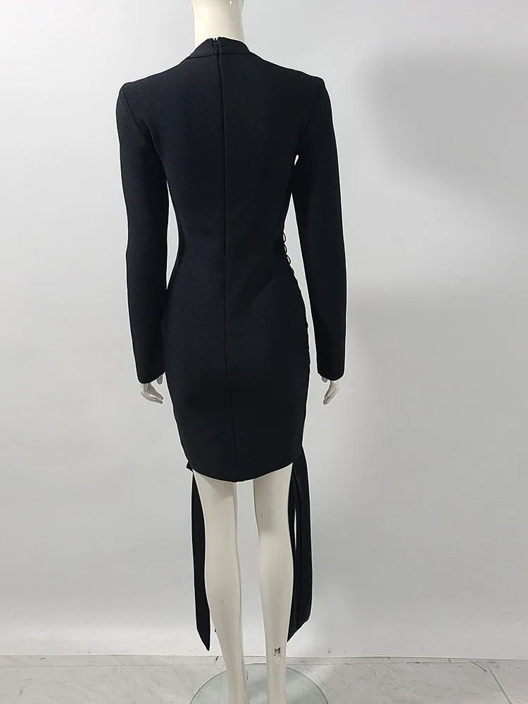 여성 체인 트림 메쉬 컷아웃 터틀넥 긴팔 리본 사이드 숏 블랙 드레스 럭셔리 이브닝 파티 클럽 웨딩 게스트 드레스