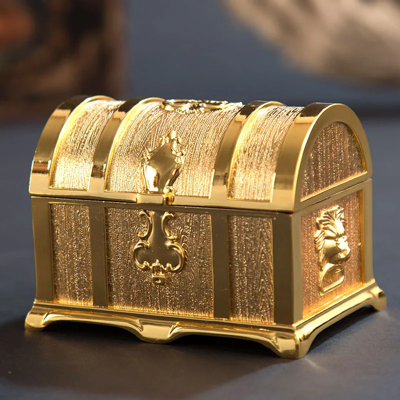 

Vintage Gold Metal Treasure Chest, European Style Pirate Jewelry Box, Creative Home Decor Storage Organizer for Collectibles