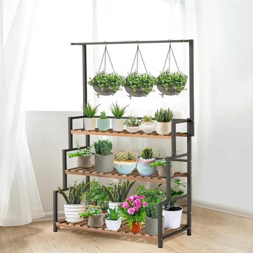 Hanging Plant Shelves Indoor 3-Tier Stand with Bar,Flower Pot Organizer for Multiple Plants, Wood Rack with Metal Frame