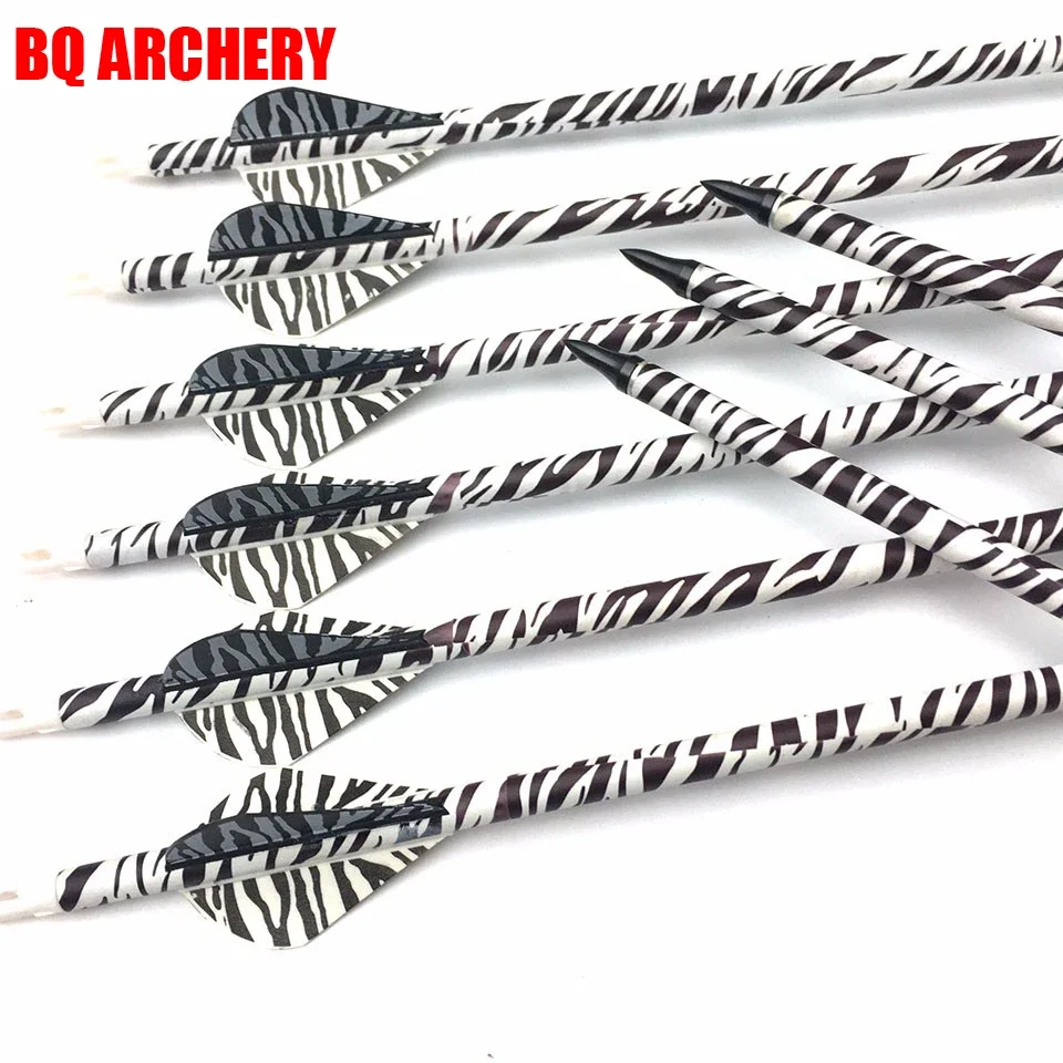 

12pcs Archery Zebra Spine340 400 Carbon Arrows 2" Tiger Skin Vanes for Recurve Traditional Bow Hunting Accessories