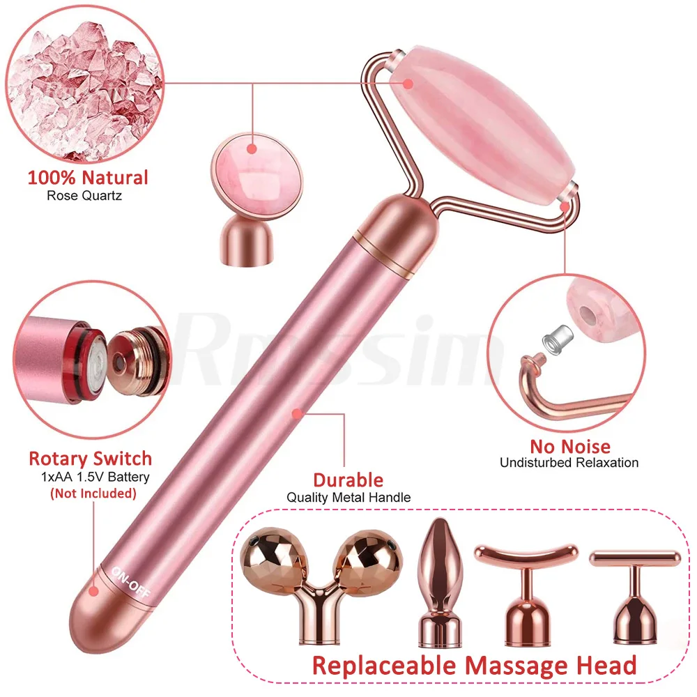 4 In 1 Elektrische Jade Roller Afslanken Gezicht Massage Lifting Vibrerende Natuurlijke Rozenkwarts Jade Roller Steen Facial Beauty Tool