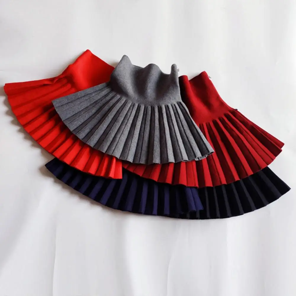 Pleated Skirt High Waist Solid Color Autumn Children School Girls Knit Bottoming