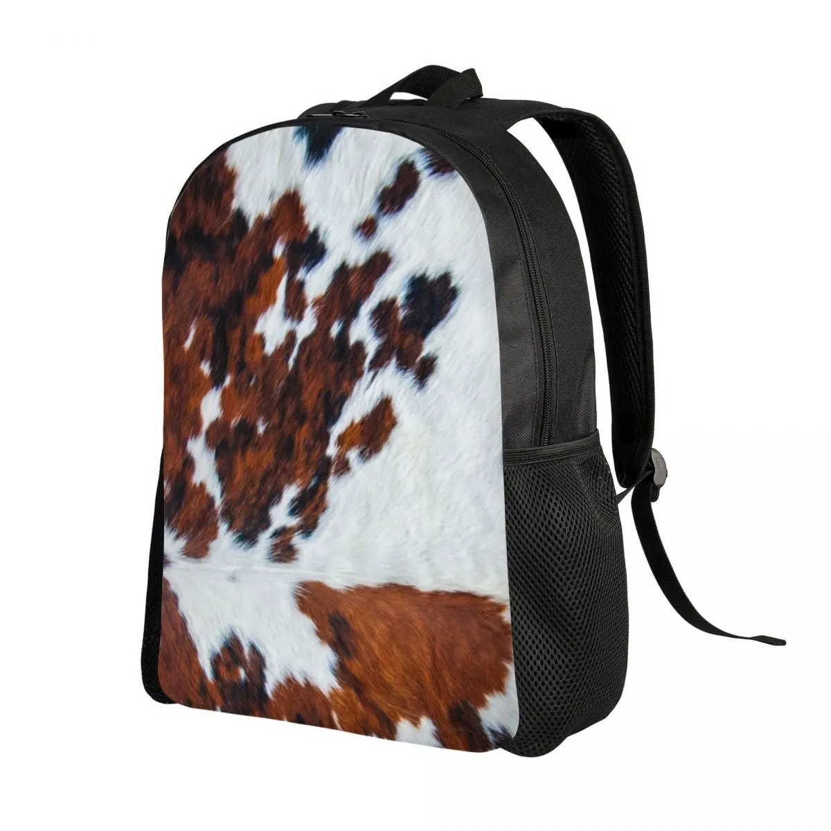 Sac à dos en cuir de peau de vache en fausse fourrure rustique, cartable pour étudiants, convient pour ordinateur portable de 15 pouces, sacs Bergame en cuir de vachette animal