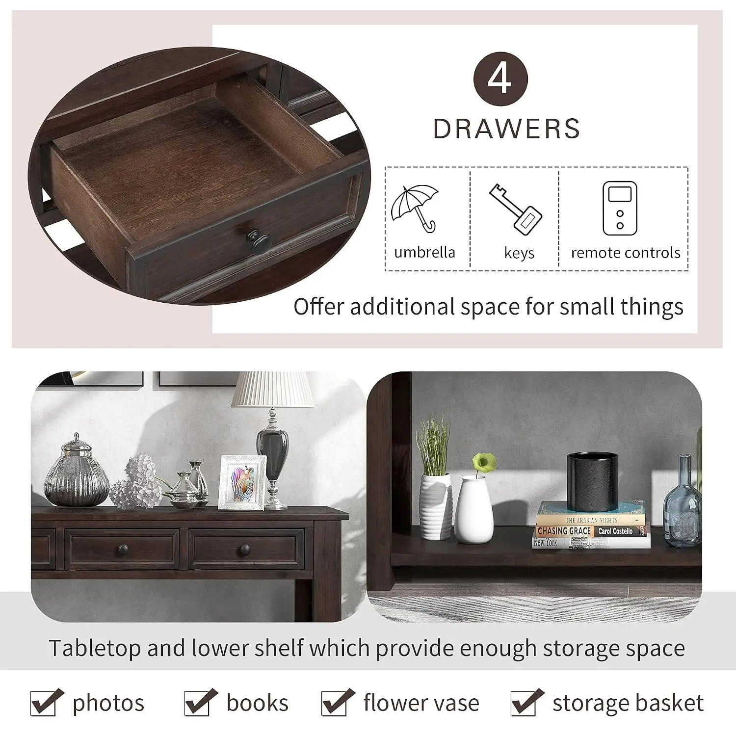 Entryway Console Table with Storage Drawers & Bottom Shelf, Customized