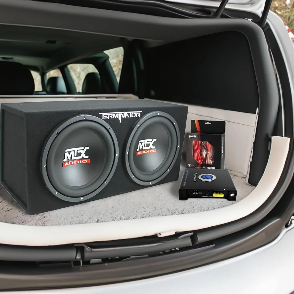 12-Inch Dual Subwoofer with Amp & Wiring Kit - Complete Car Sound System Bundle with 1200W Loaded Enclosure, Planet Audio Peak
