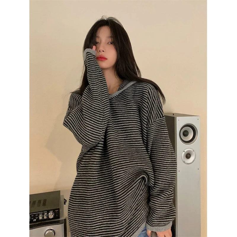 MEXZT Striped Hooded Sweater Women Streetwear Oversized Knitted Pullovers Y2K Harajuku Knitwear Vintage Korean Casual Jumpers