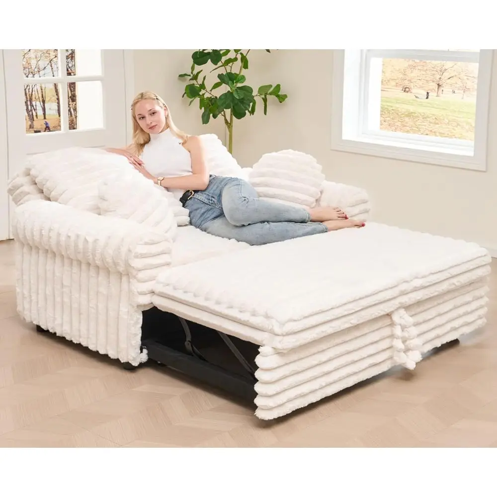 

Белый вельветовый диван-шезлонг с выдвижным спальным местом и подушками