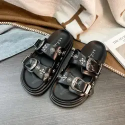 2024 Summer New Metal Buckle Rivet Thick Bottom for Outdoors Open Toe Slippers for Women