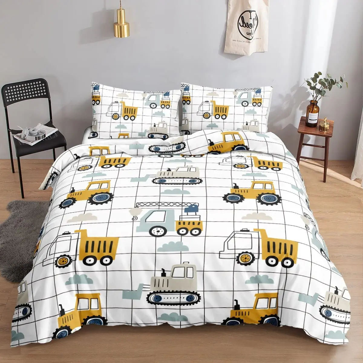 

3pcs Duvet Cover Cartoon Excavator Tractor Print Bedding Set For Kids Soft Comfortable Breathable Duvet Cover For Bedroom Bed