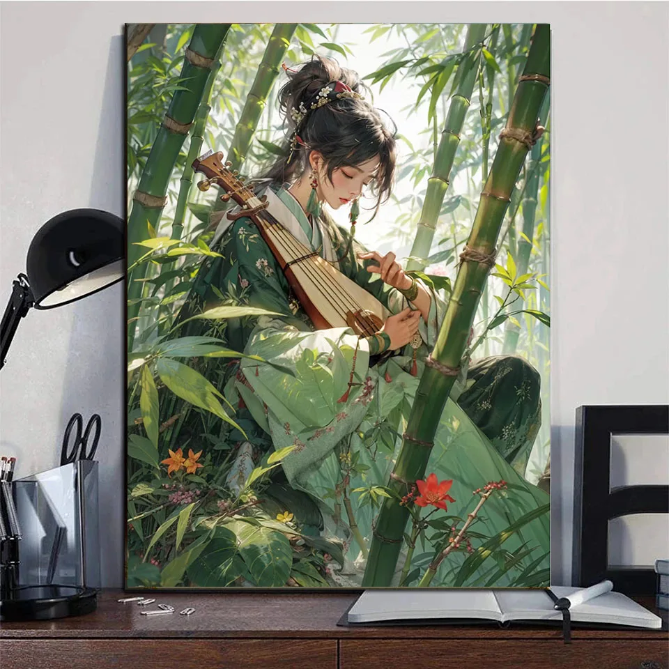 5D Diamond Pattern Rhinestone Needlework Diy Diamond Painting Cross Stitch Bamboo Forest Girl Bird Diamond Embroidery H466