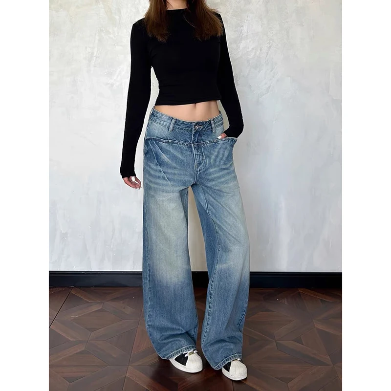 

ZHIZOU Women's Blue Y2k Jeans Vintage Harajuku Grunge Alternative Denim Trousers Baggy Washed Straight Wide Leg Long Jean Pants