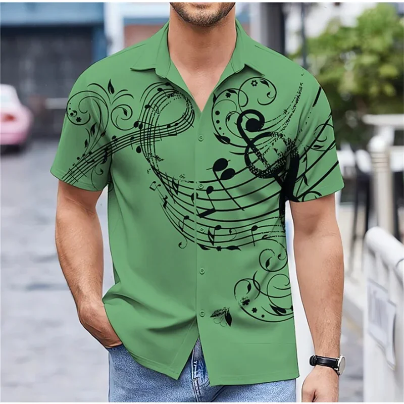 Men\'s music printed Hawaiian shirt, casual oversized street short sleeved shirt, comfortable and soft, various colors of summer