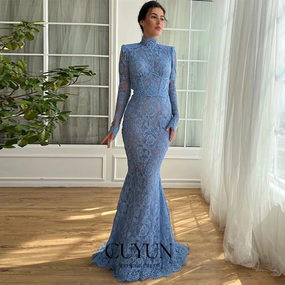 فستان سهرة CUYUN فاخر مخصص باللون الأزرق برقبة عالية وأكمام طويلة مزين بالدانتيل طويل حورية البحر فستان حفلات رسمي للحفلات