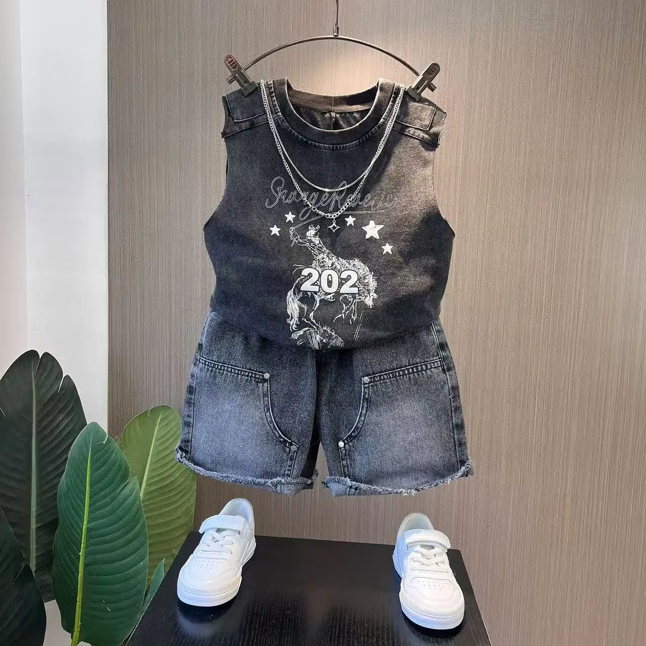 

Boys' Summer Korean Style Set Children's Printed Letter Sleeveless T-shirt Vest+Denim Shorts 2-piece Set