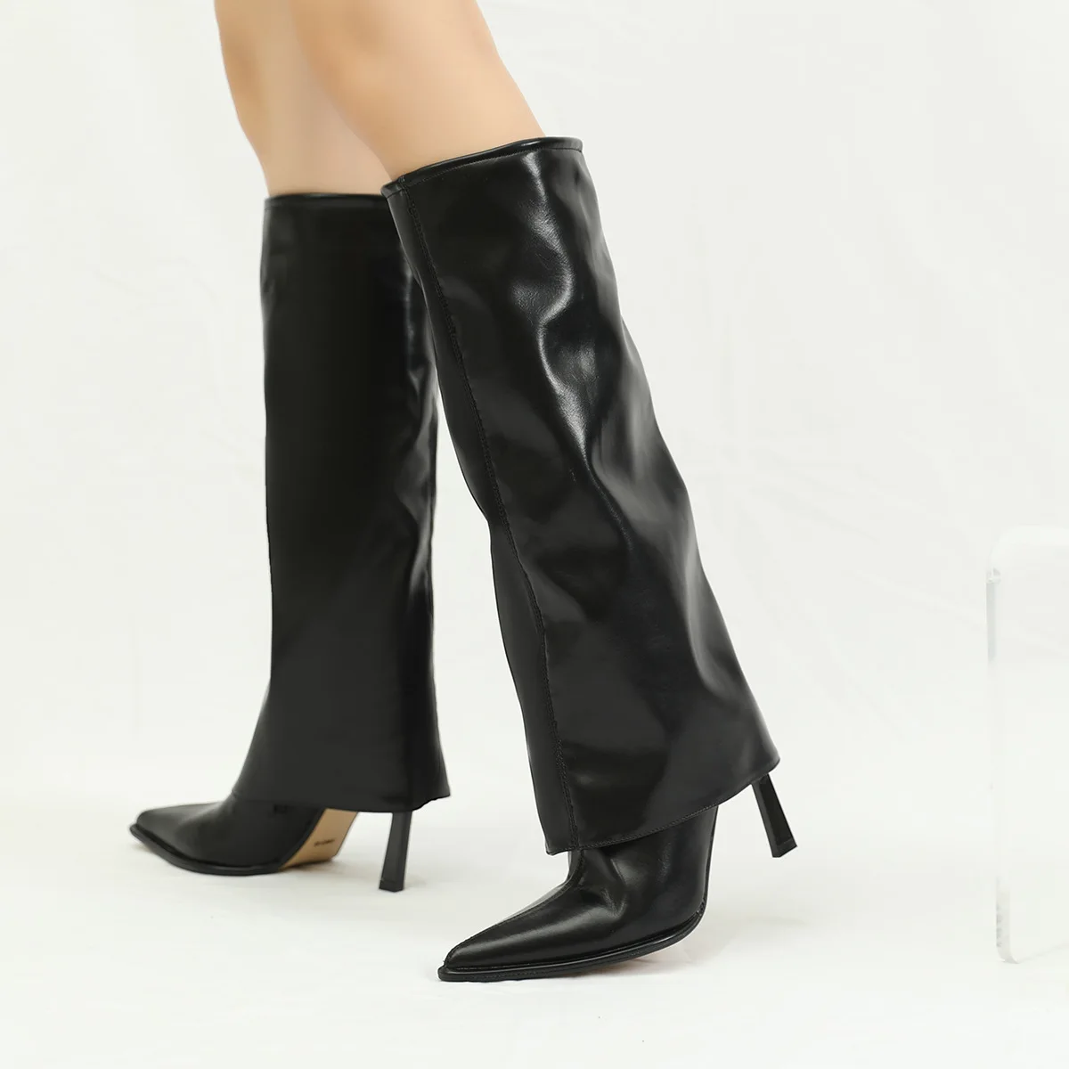 High Heel Pointed Toe Knee-High Women Boots Fashionable Long Black Leather Party Boots