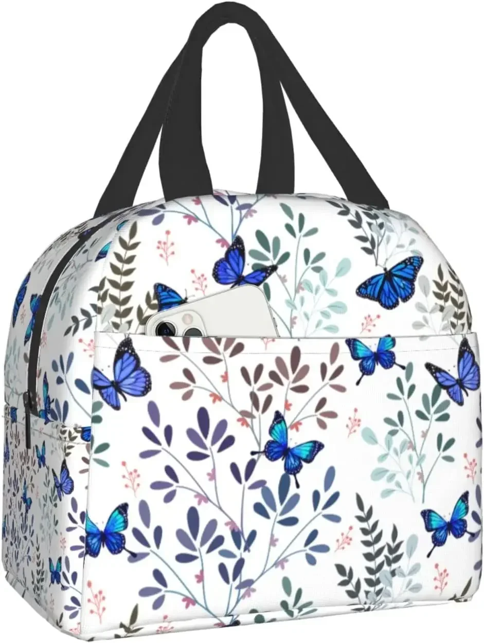 

Butterfly Insulated Lunch Bag with Front Pocket Reusable Cooler Tote Bag with Zipper for Camping Hiking Picnic Beach Travel Work