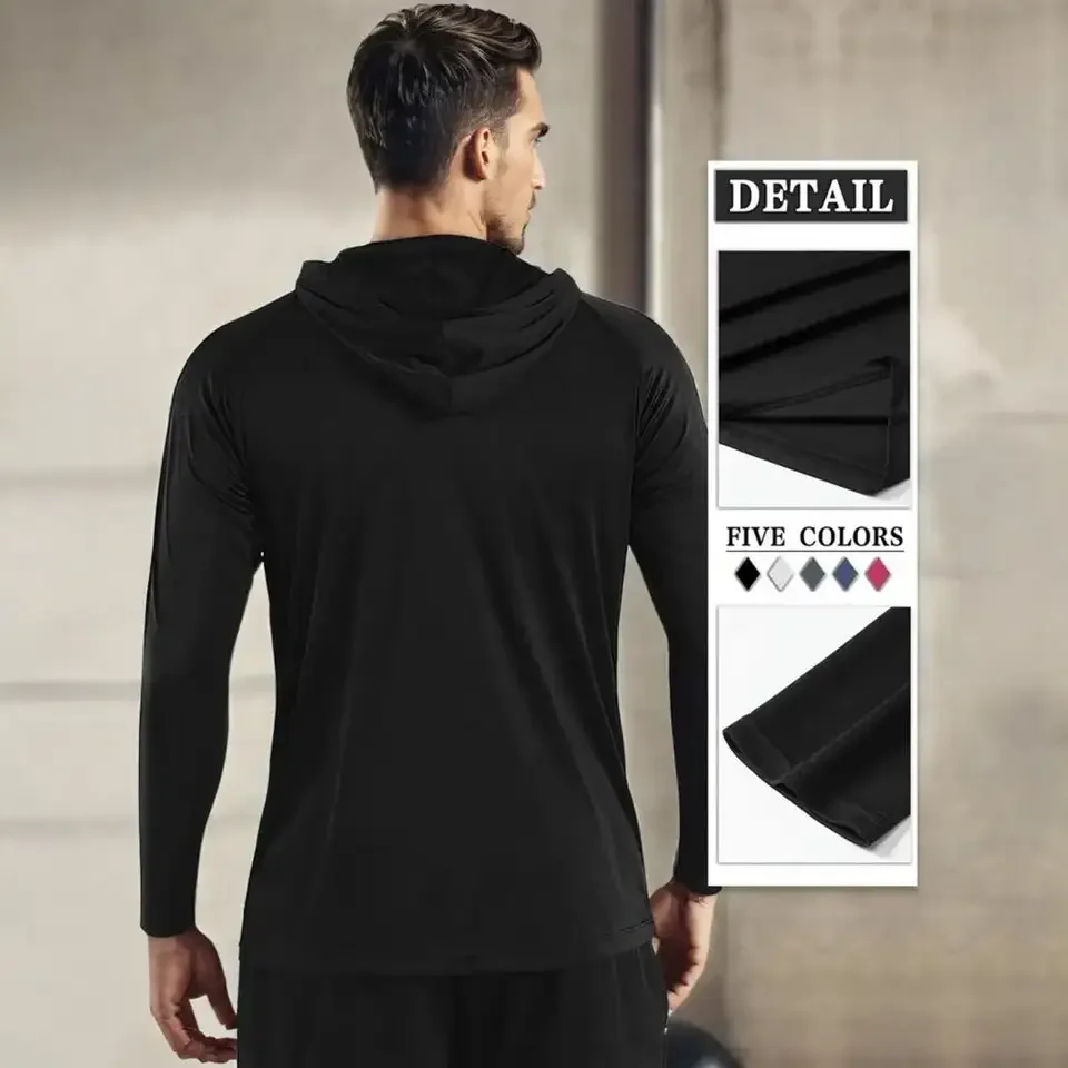 

New Long Sleeve Shirts Fitness Hoodies Quick Dry Pullover Solid Mens Hooded Clothing Black Sweatshirt Men's Clothing Jogging