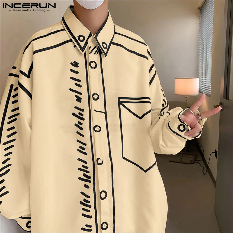 INCERUN, camisa para hombre, solapa estampada, manga larga, ropa informal de gran tamaño para hombre, ropa de calle 20225, ropa de moda de estilo coreano para hombre, S-5XL