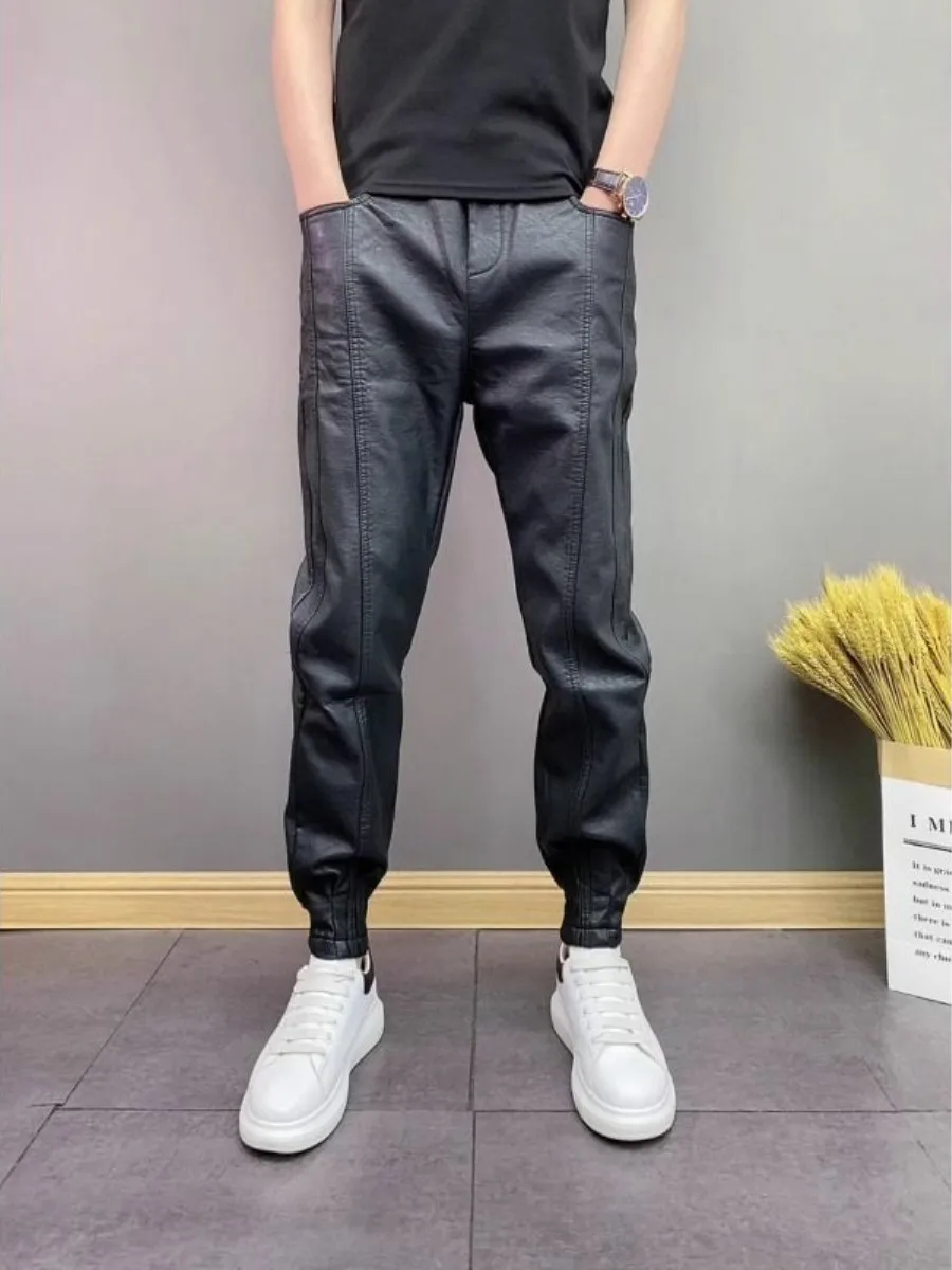 

2025 Winter Faion Thiened Fce Lined Slim Fit Men's Casual Pants Sli Versatile Leather Trousers Ci Walk ential