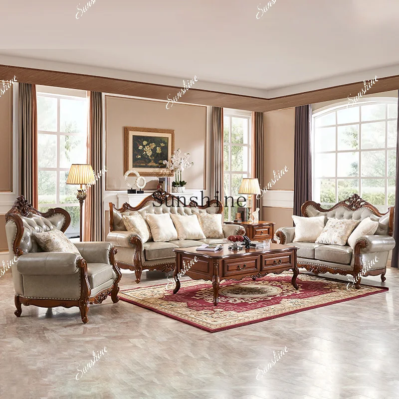 

American solid wood sofa villa retro with engraved 1 + 2 + 3 combinationY