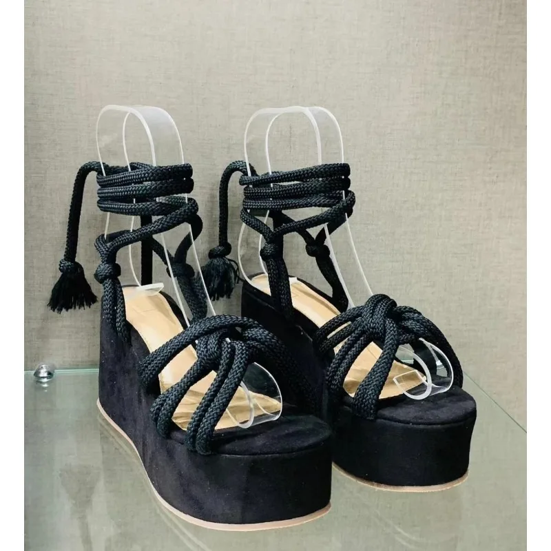 2024 Summer New Platform Wedge Sandals for Women Fashion Round Toe Cross Tied Height Increase Open Toe Femme Sandal Plus Size 43