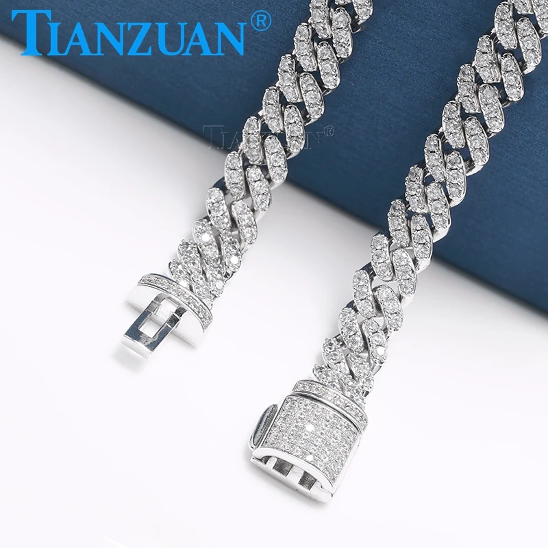 

New Trendy Cuban Hip Hop Iced out Bling Cuban Link Chain 925 silver Single Row Moissanite Paved Cuban Necklace Jewelry