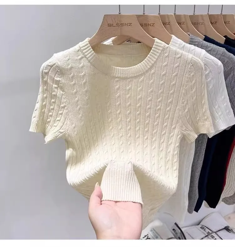 Zjaiss 2026 Summer Korean Retro Elegant Texture Short Sleeve O-Neck Twist Knit Top Women Soft Casual Versatile Thin T-shirt