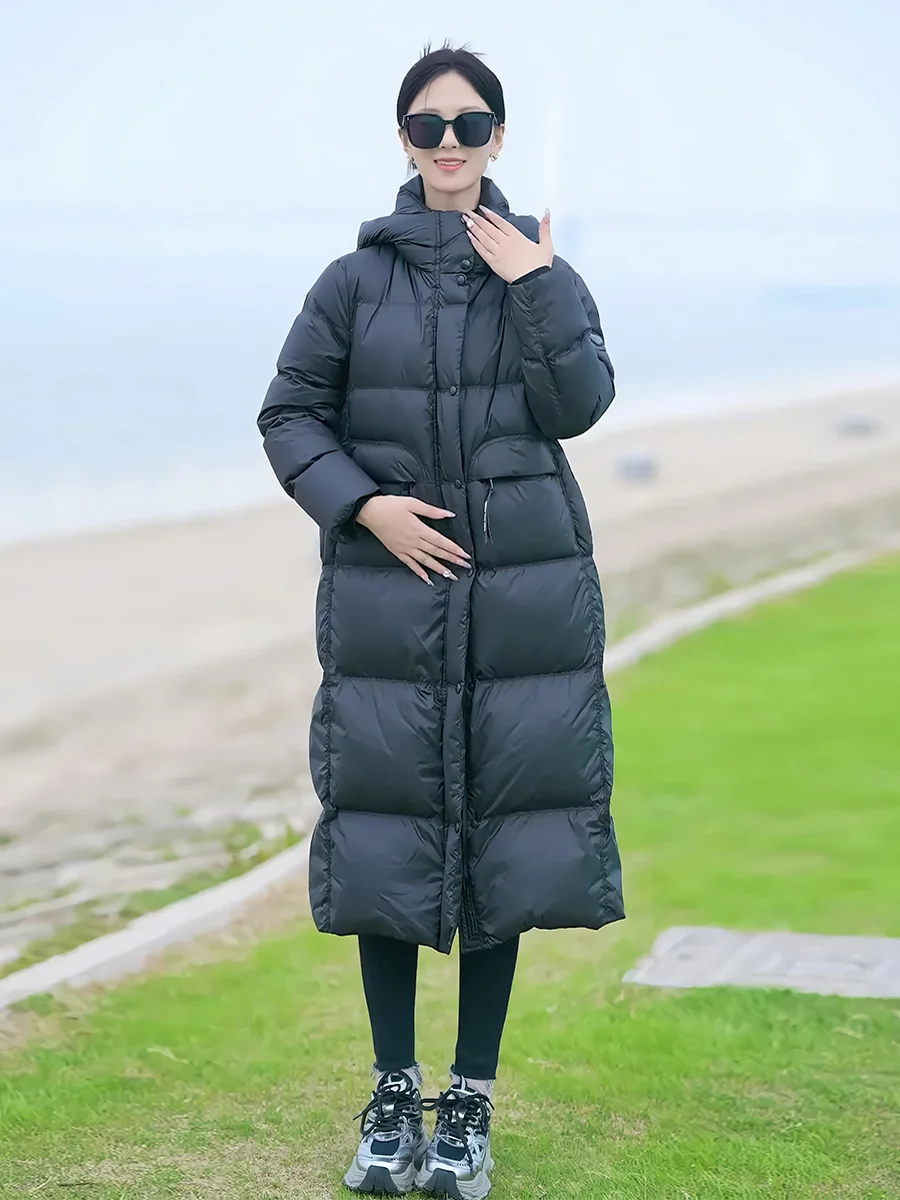 패셔너블 캐주얼 고급 화이트 다운 패딩 재킷 여성용 롱코트 후드 스탠드 칼라 겨울 신상품