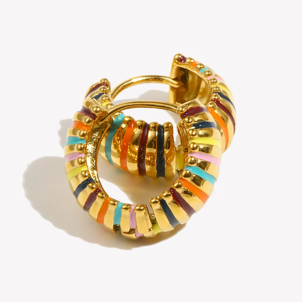E.B.belle Hypoallergenic Colorful Enamel Round Circle Textured Caterpillar Hoop Earrings Gold Plated Stainless Steel Earring