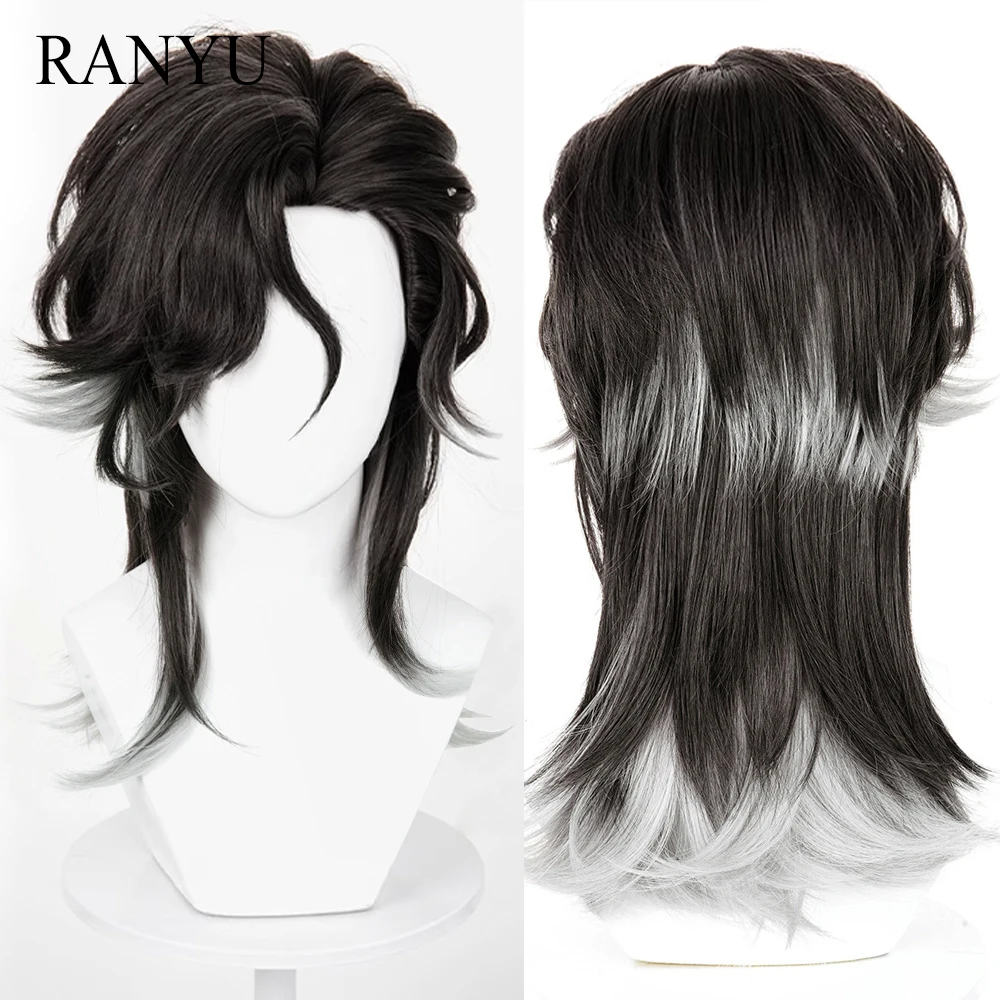 Black Ombre Grey Mullet Head Synthetic Wigs Short Straight Anime Game Cosplay Fluffy Layered Wig for Daily Party