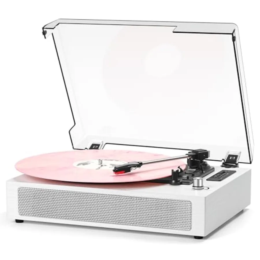 

Vintage White Belt-Driven 3-Speed Turntable with Built-in Speaker and USB Recording EQ Mode Bluetooth AUX-in RCA Out Vinyl Reco