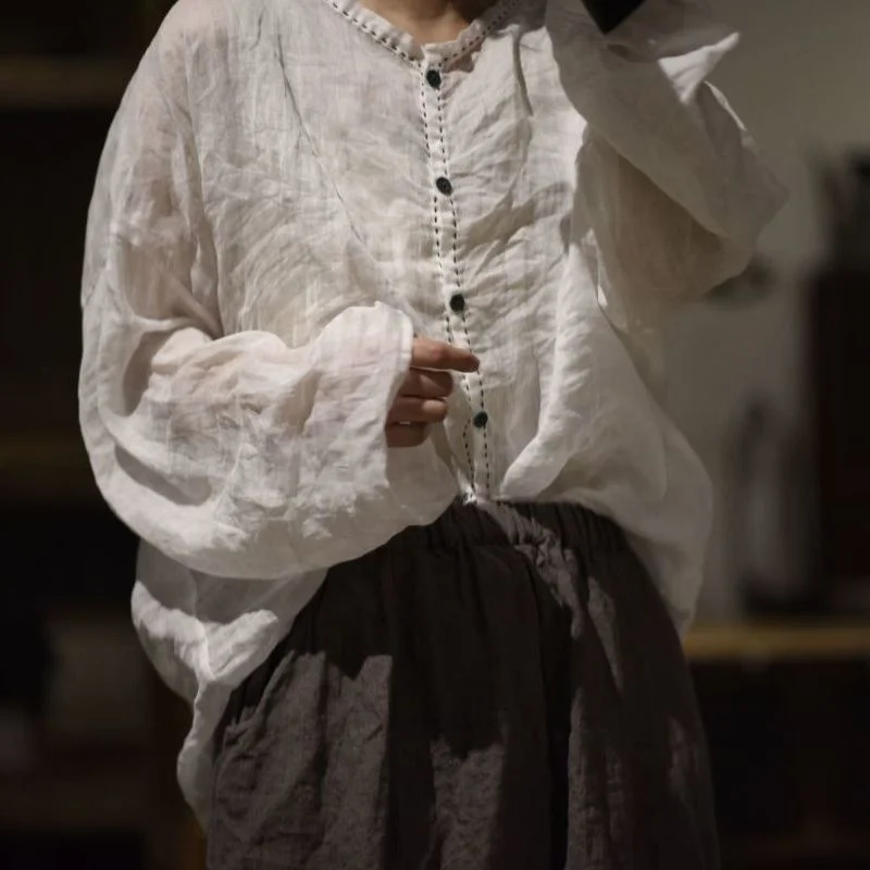 Camicetta in ramie letteraria sottile primavera autunno donna o collo manica lunga top ampio camicia lunga monopetto vintage morbida