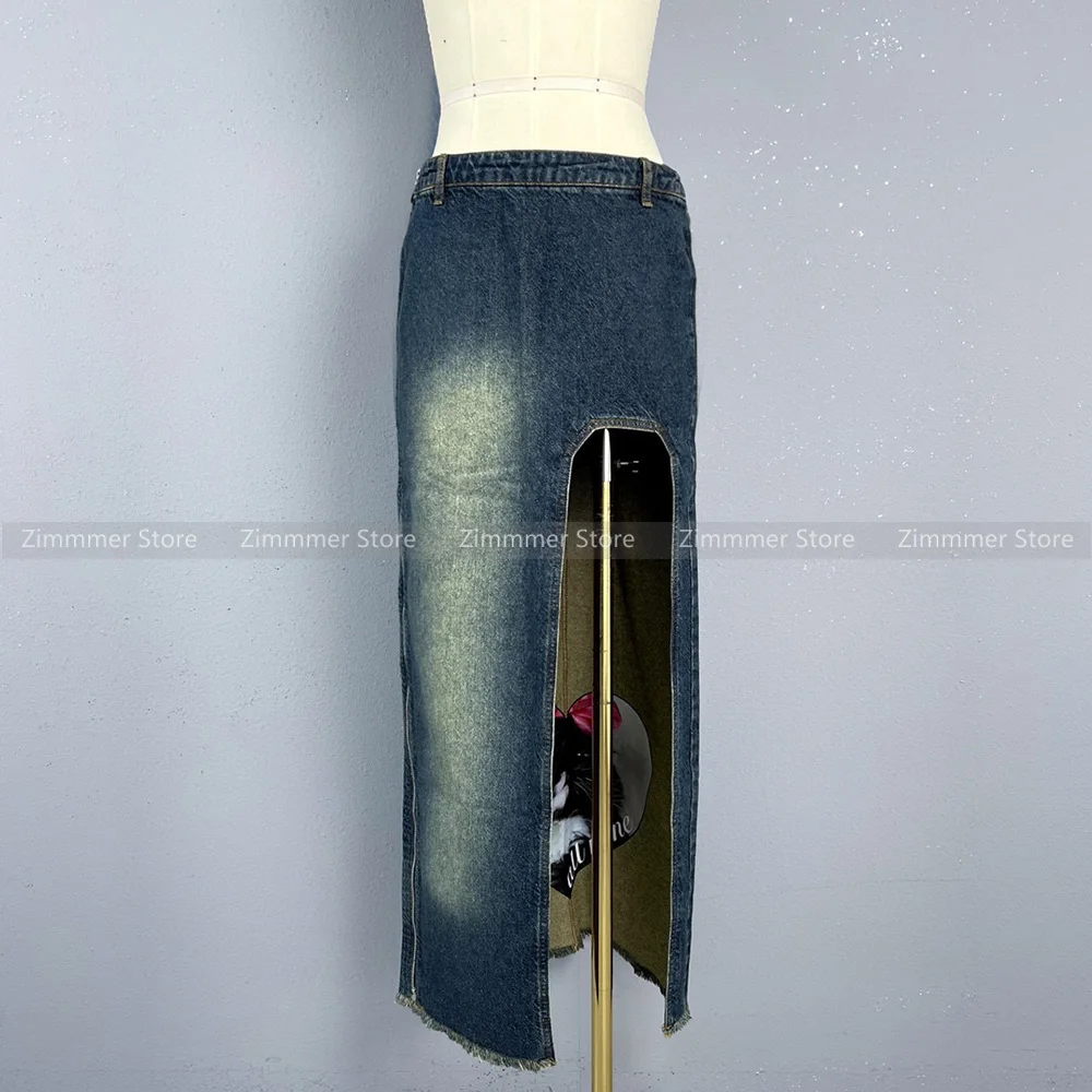 

2024 New Funky Niche Design Lined Direct Spray Print Curved Slit Long Denim Half Skirt Women