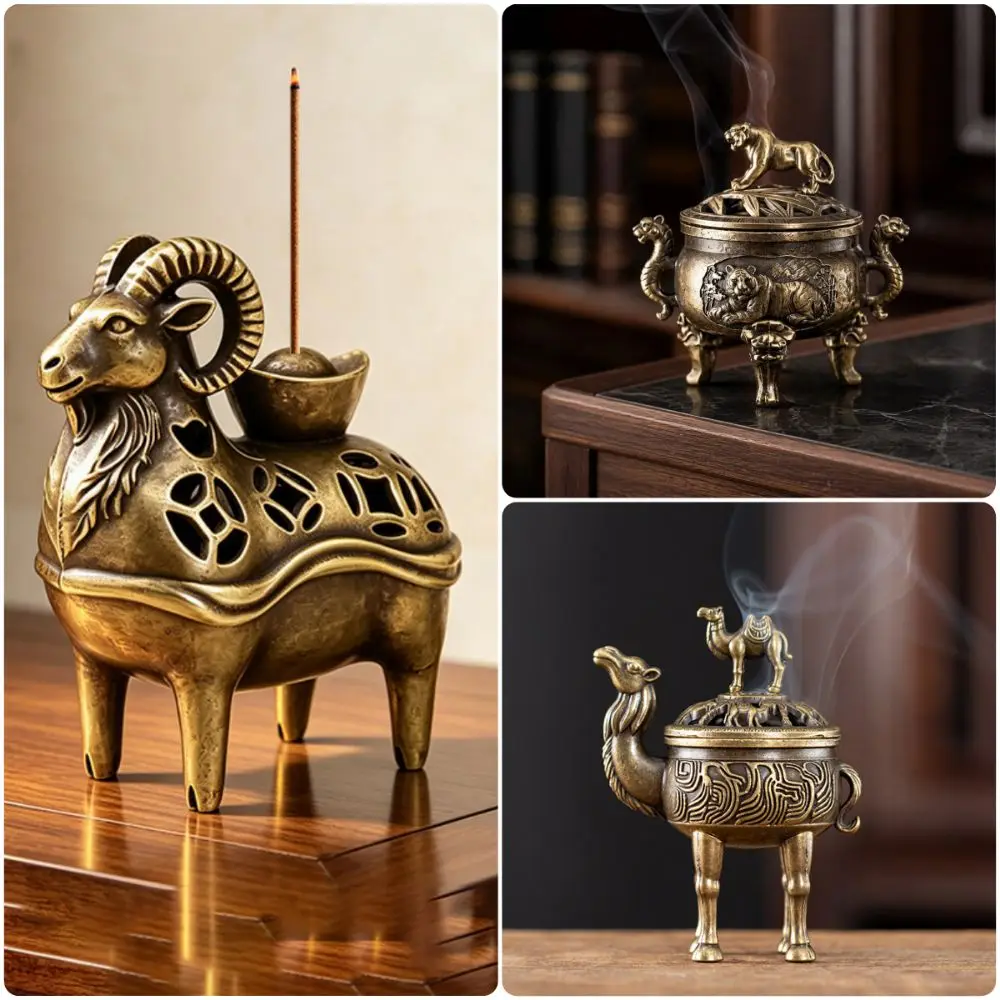 Mini Alloy Incense Burner Hollow Out 3/4 Legs Incense Accessories Chinese Style Animal Figurine Incense Holder Desktop Ornament