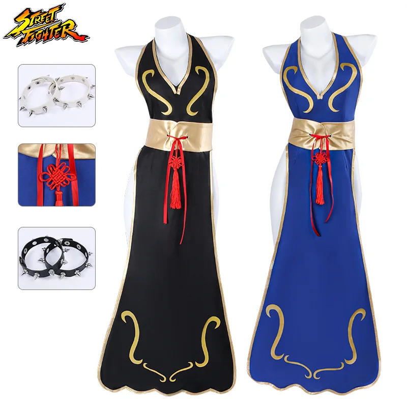 

2028 New Chun Li Game Street Cosplay Costume Black Battle Dress Fighter Chinese Style Cheongsam Woman Adult Blue Halloween Party