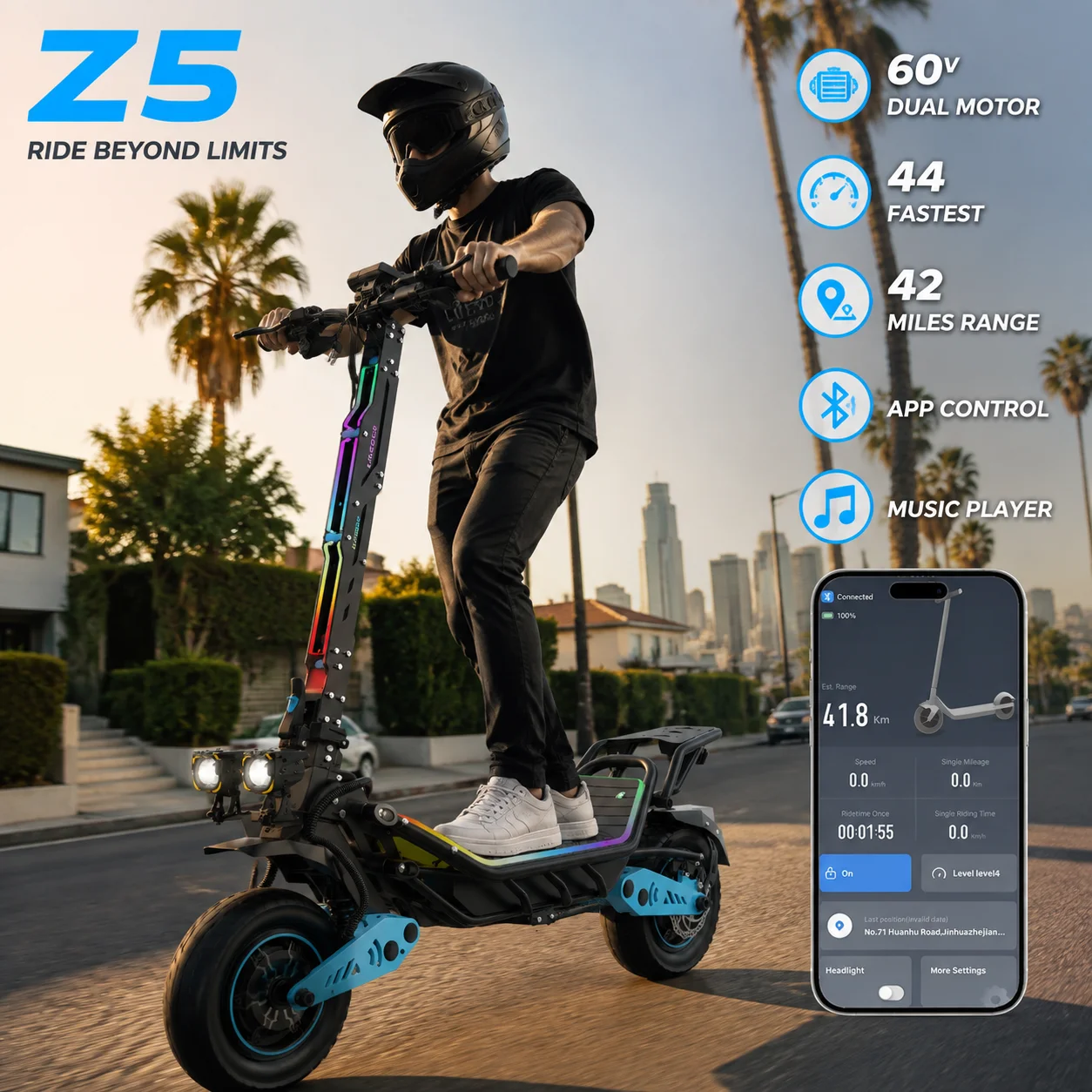 Adults Electric 3000W Dual Motor 12 inch Tires All Terrain Double Hydraulic Brakes 60V23AH Battery Long Range Mobile App Accept Built in Music Player LED Strips Full Suspension Big Screen Foldable off Road Scooter for Teenager Adults Work Commuting Travel